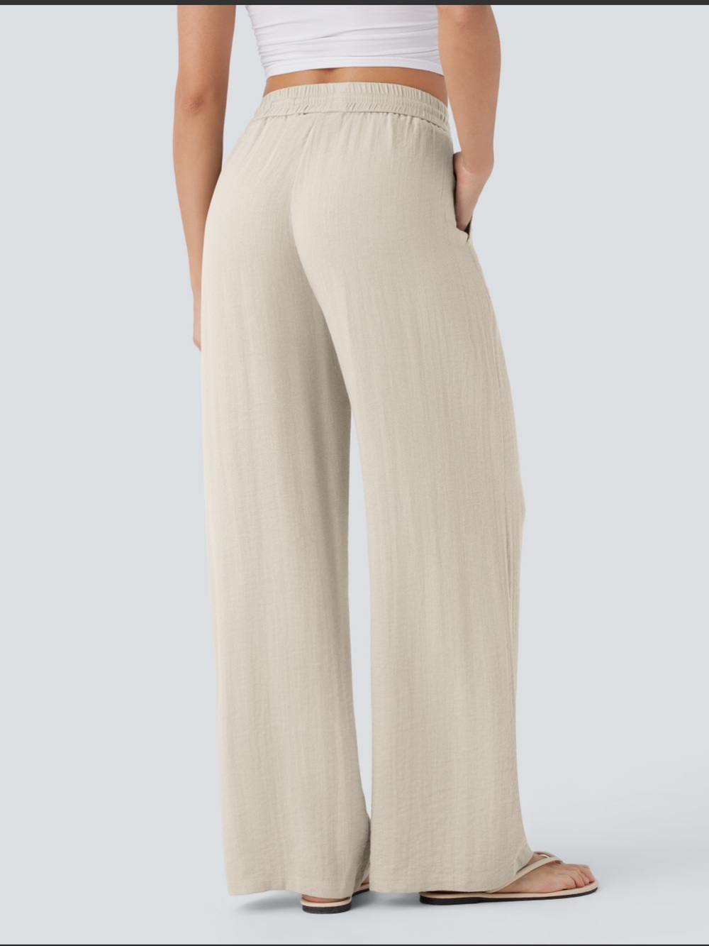 HALARA High Waisted Drawstring Pocket Wide Leg Baggy Casual Linen-Feel Pants - Picture 2 of 5